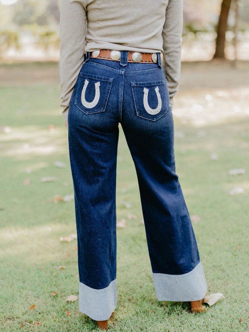 Rodeo Quincy Marvel Cowboy Jeans- Western Dark Blue Horseshoe Pocket Wide-Leg